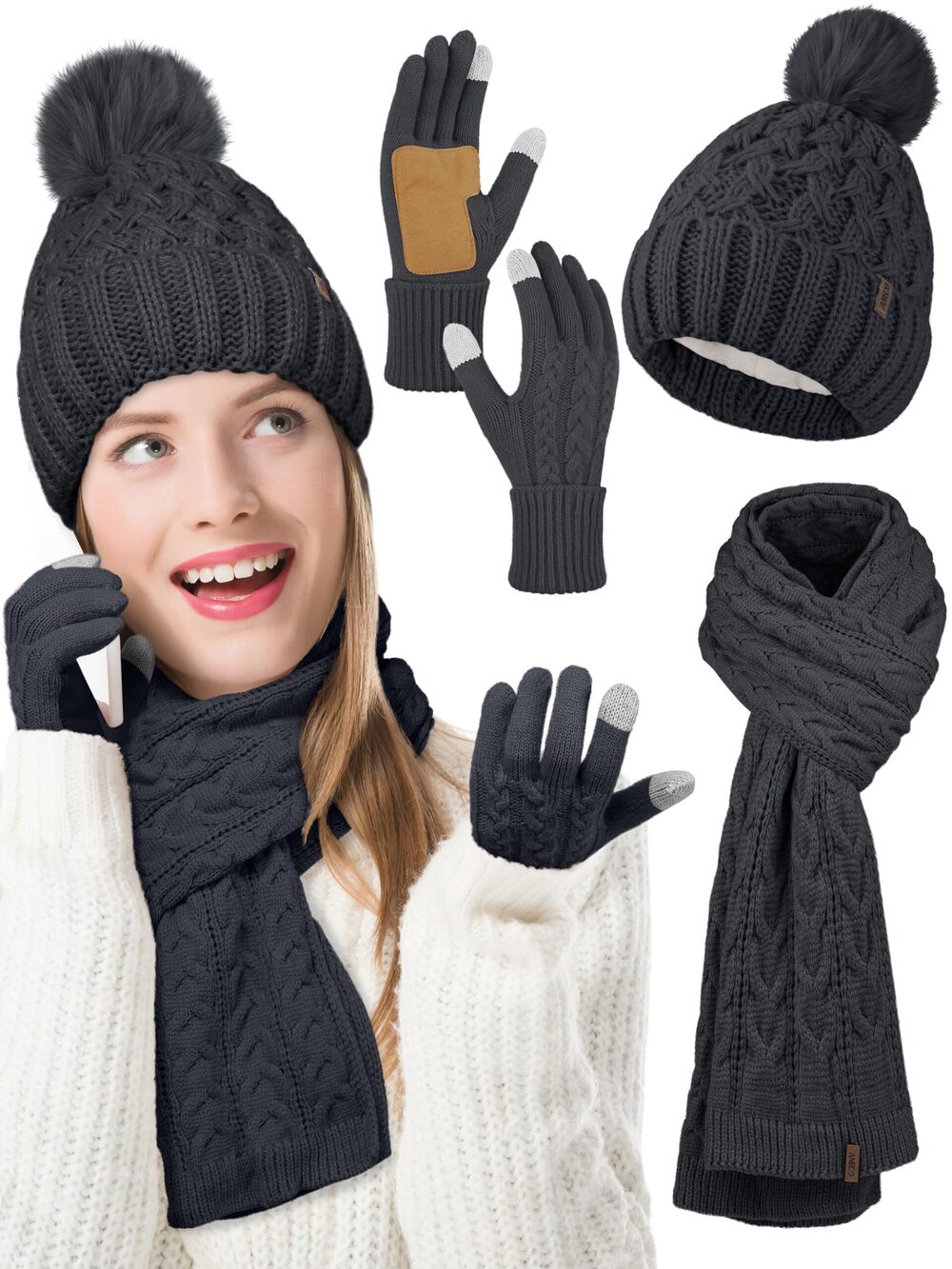9856 Winter Beanie Hat Scarf Gloves with Pom Pom Fleece Lined Touchscreen